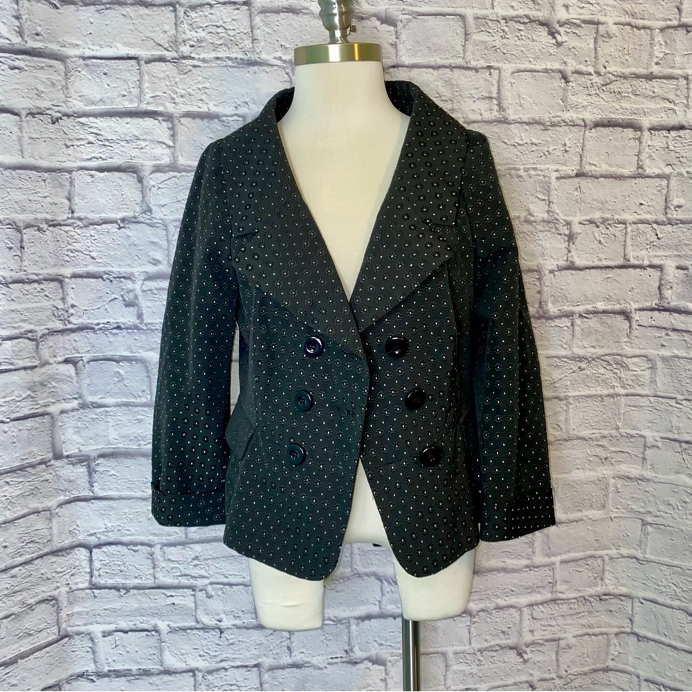 Moschino. Black Open-Neck Double-Breasted Blazer Top. Subtle Pattern. Size L.